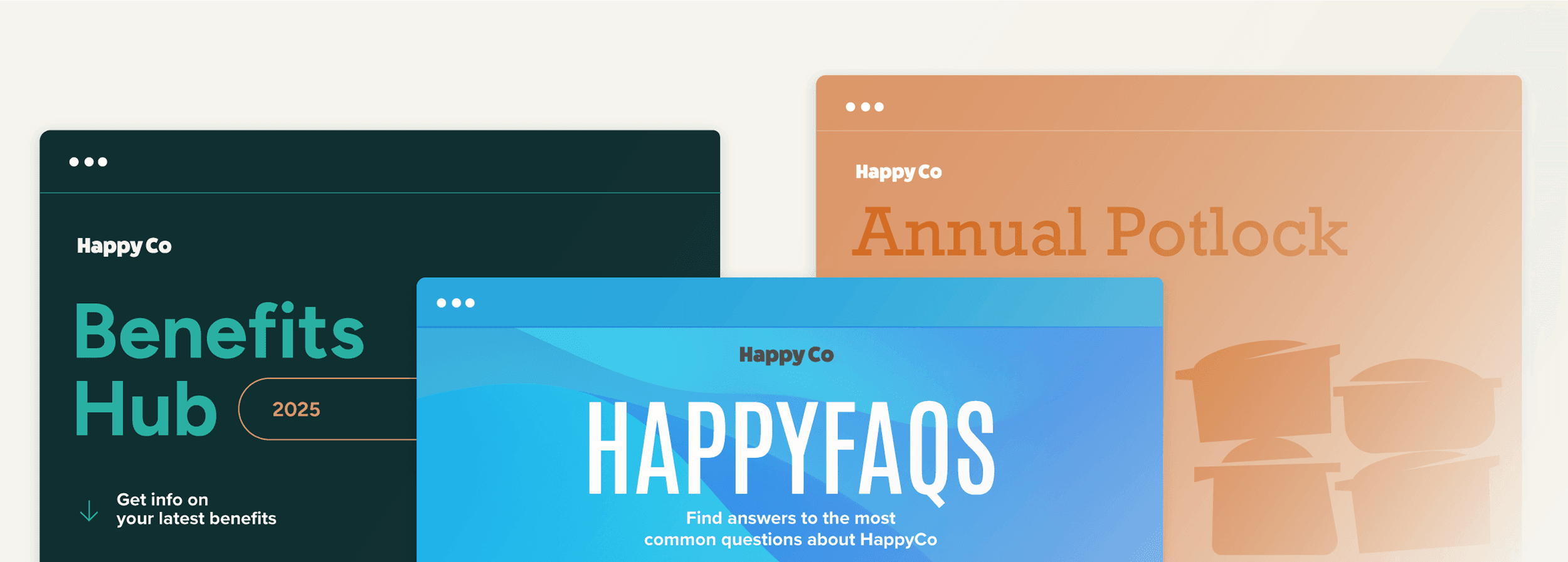 Three HappyCo web pages: Benefits Hub, HappyFAQs, and Annual Potluck