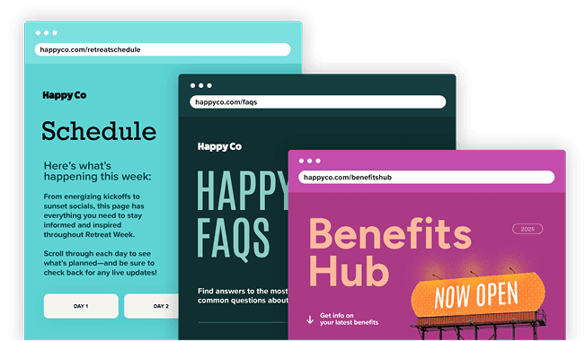 Happy Co web pages for schedule, FAQs, and benefits hub