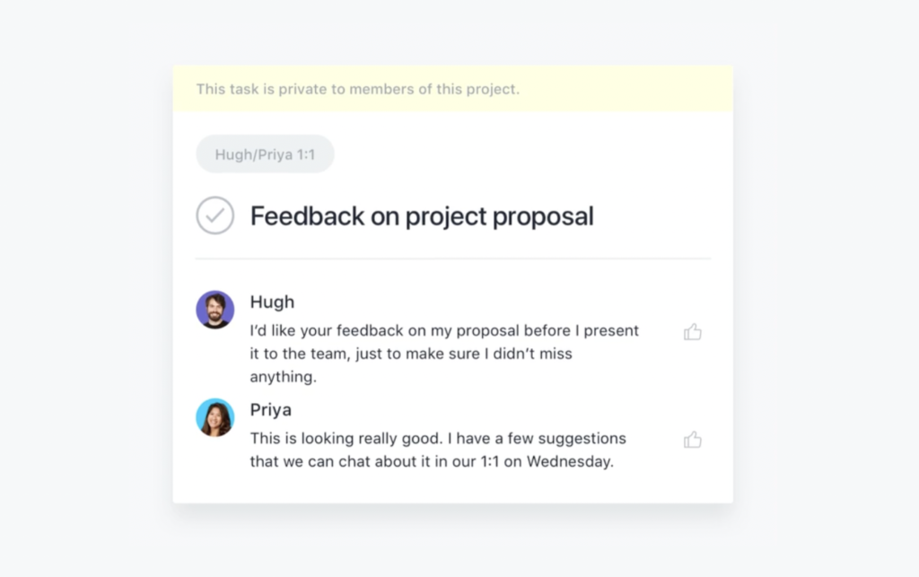 Feedback examples in a project management platform