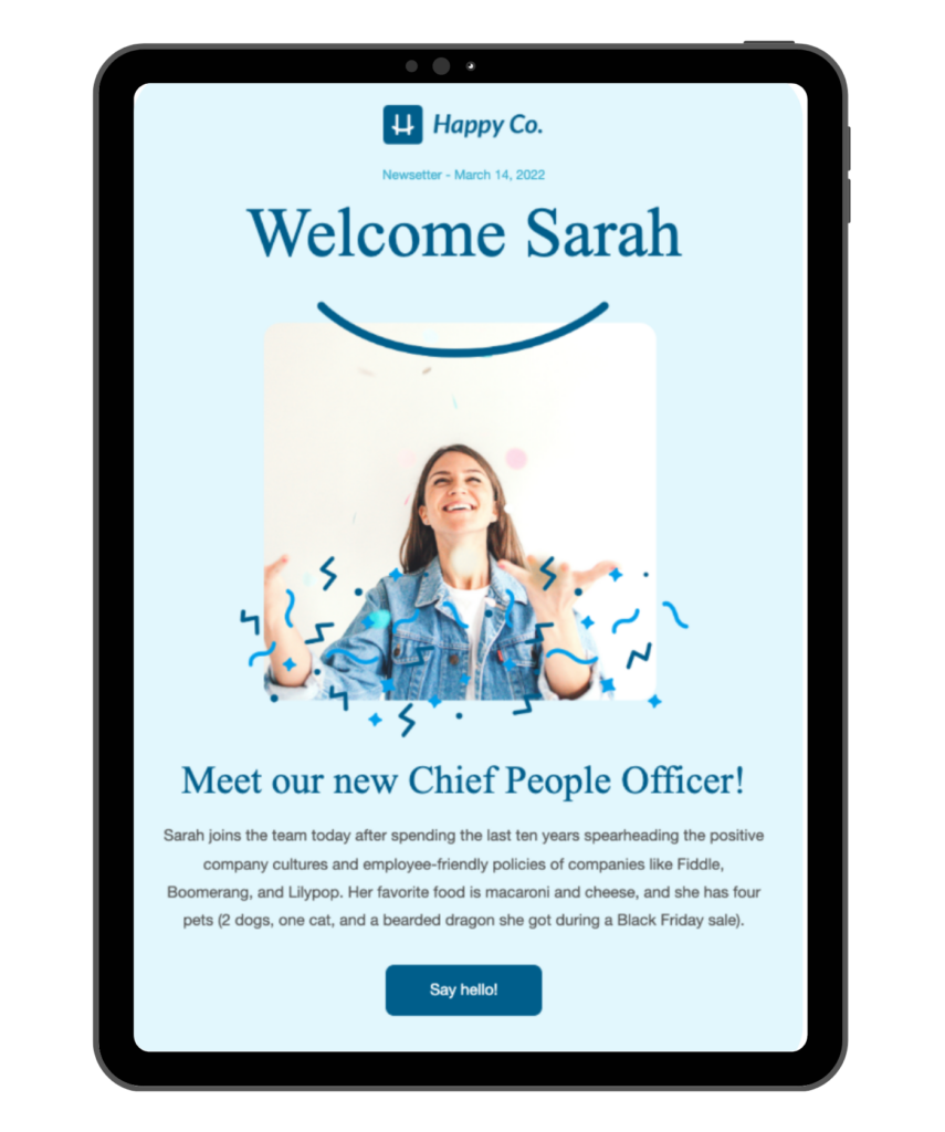 A new hire announcement email template for CPO