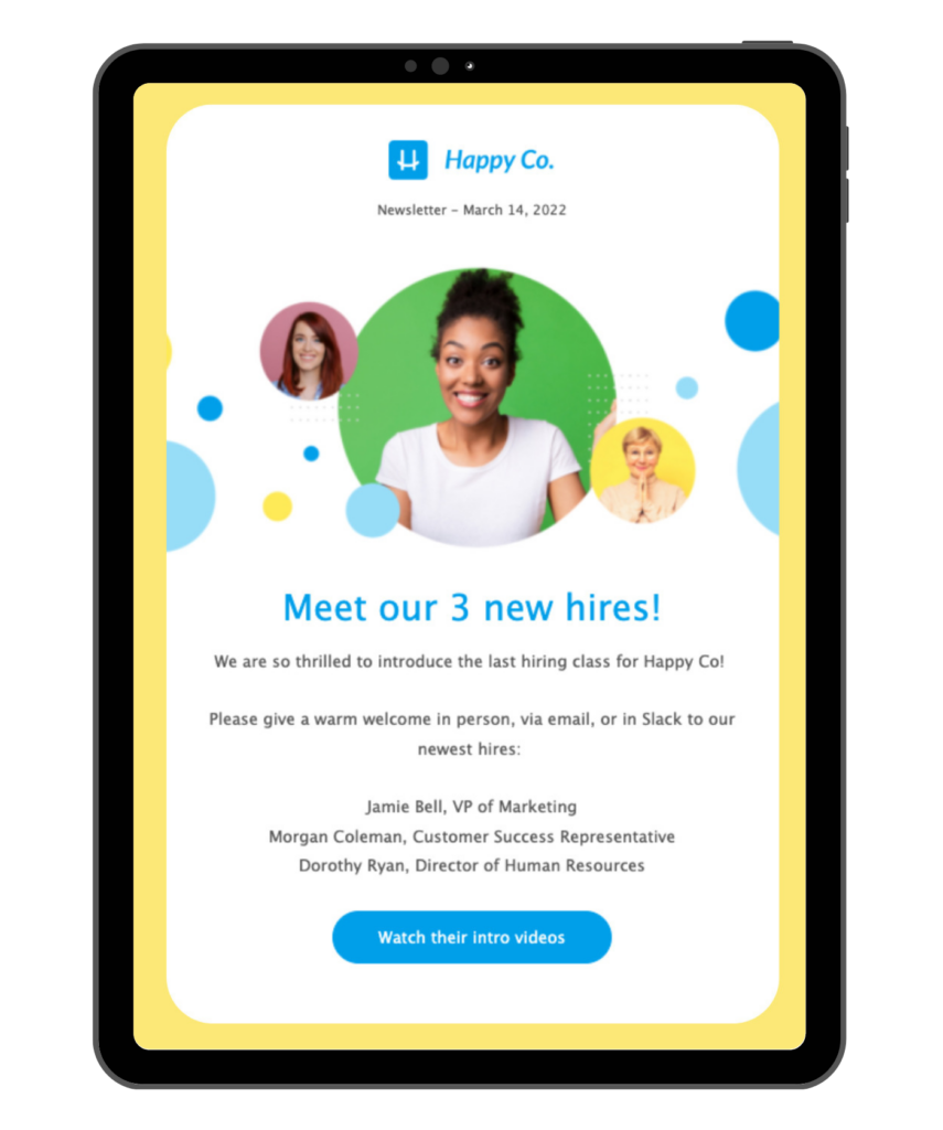 a new employee announcement email template for three new hires