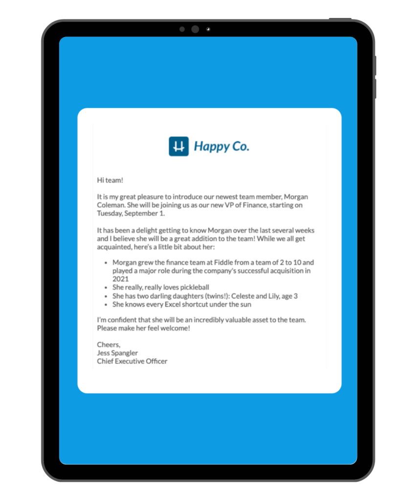 new hire announcement email template in the Workshop email platform 