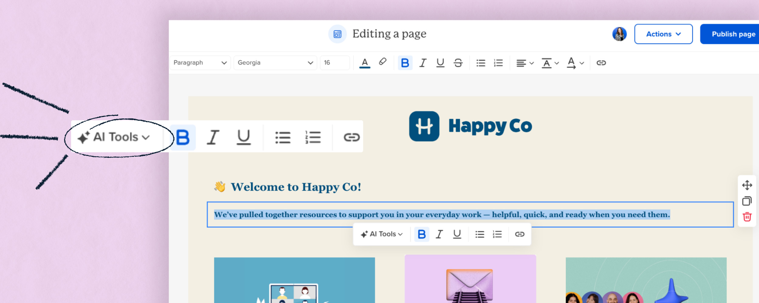 With AI writing assistance built into Pages, Workshop's version of landing pages, you can go from idea to polished message much faster.