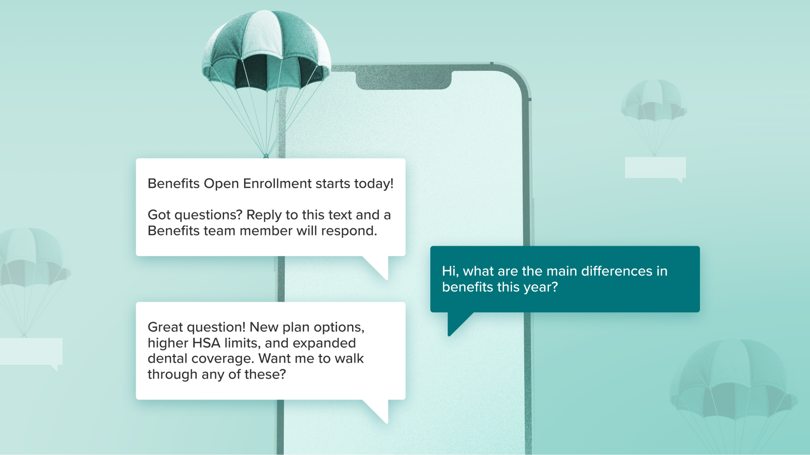 Illustration of a smartphone displaying an automated SMS conversation about benefits enrollment, representing two-way text messaging.