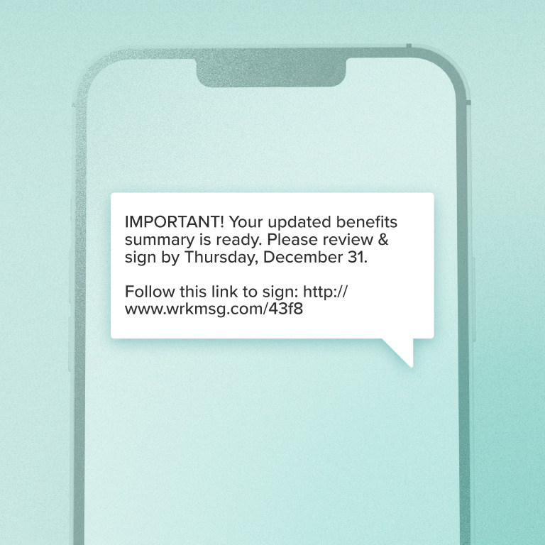 Illustration of a smartphone displaying an urgent SMS reminder asking the recipient to review and sign an updated benefits summary by a deadline, with a link to complete the task.